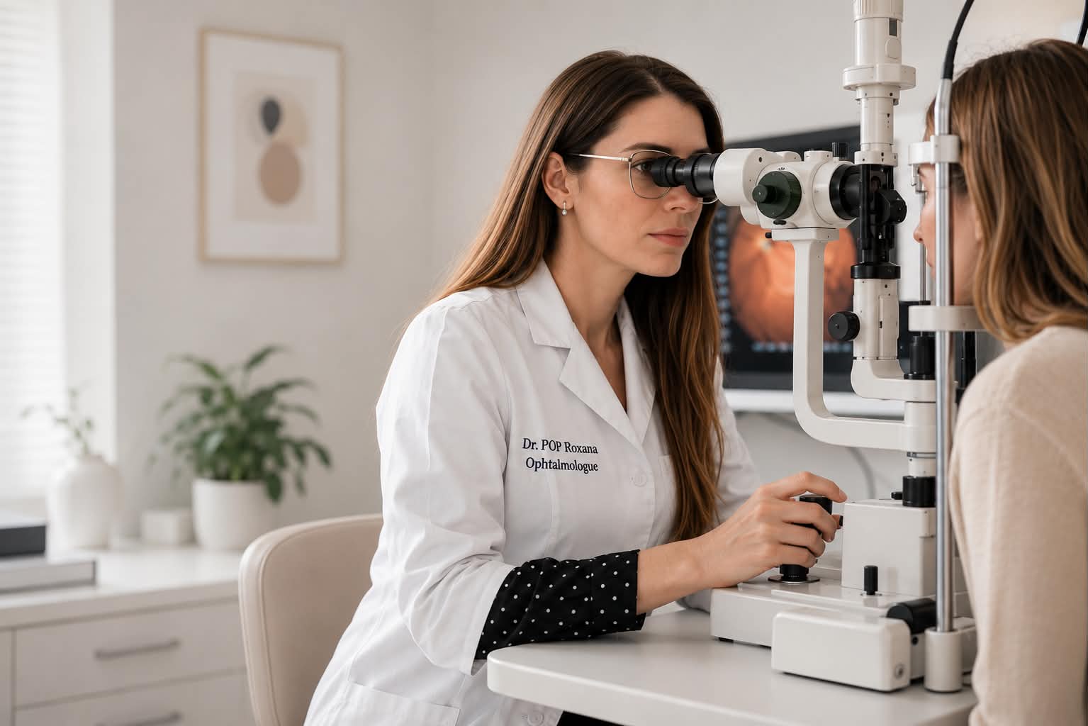 Le docteur Roxana Pop examine une patiente à la lampe à fente, au cabinet d’Évreux